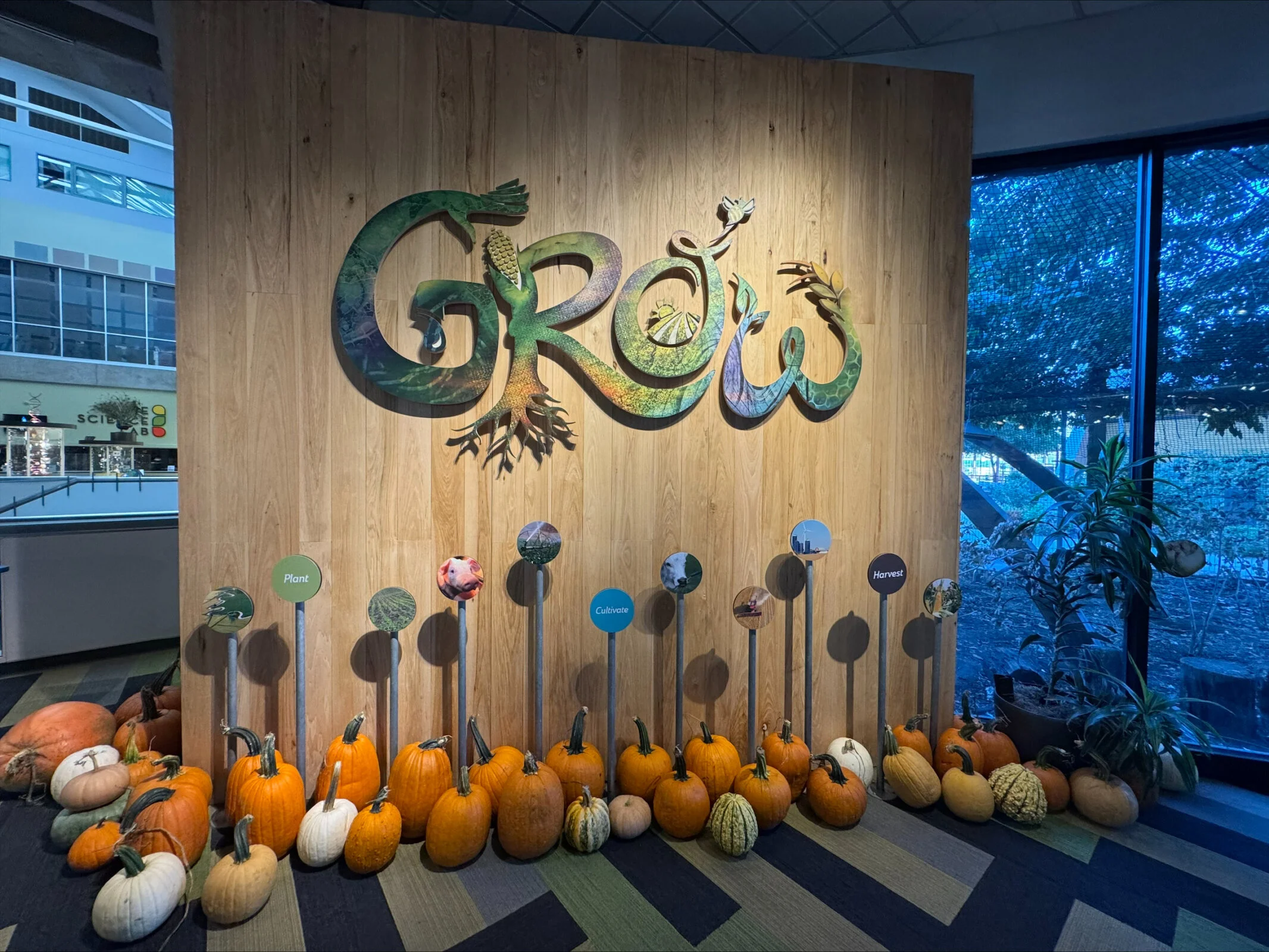 Entry display to the Saint Louis Science Center's GROW gallery, featuring agricultural products and STEM behind agriculture